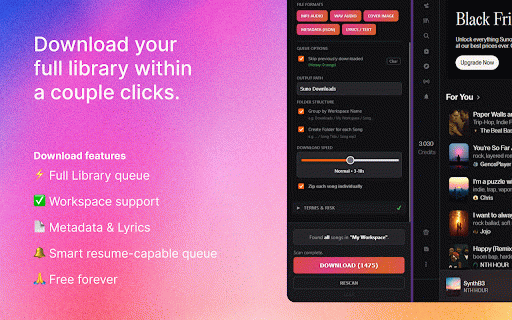 Suno Manager :: Bulk download/export your songs, stems, uploads, remasters, covers, workspaces and more with a couple clicks automatically.