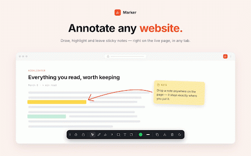 Marker - Annotate any website or PDF for free :: Notes on the web that stay where you put them. Draw, highlight and comment on any webpage — stored on-device, works offline.
