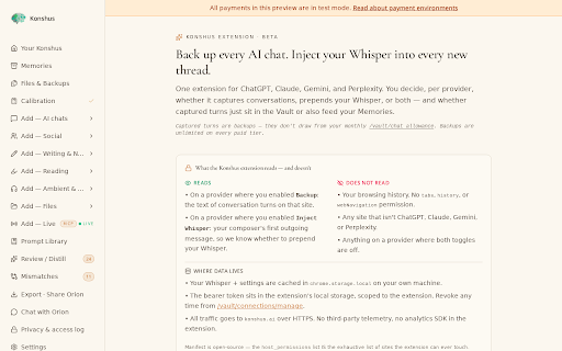Konshus :: Back up AI chats and inject your Konshus Whisper into ChatGPT, Claude, Gemini, and Perplexity threads.