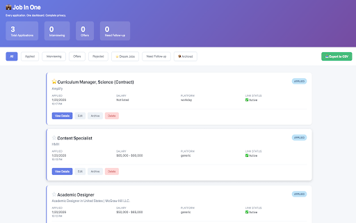 Job In One :: Track your job search in one place, from any site, privacy-first, no account required