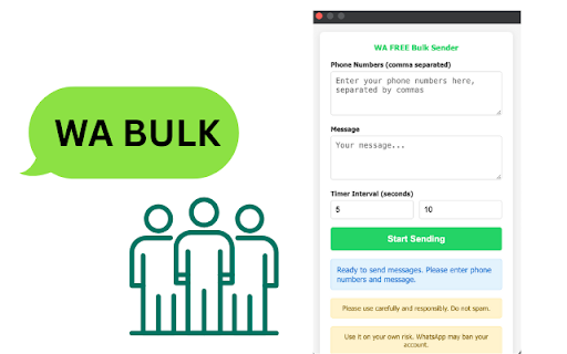 WA FREE Bulk Message Sender :: Send WA messages to multiple users with customizable timer intervals.