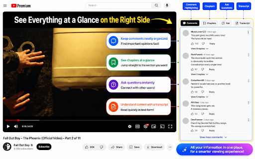 YouTube Trinity :: Check comments, chapters, and transcripts at a glance in the YouTube sidebar.