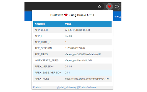 Built with love using Oracle APEX :: Displays a Red Heart and Info on webpages built with love using Oracle APEX