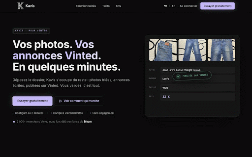 Kavis :: Kavis publie tes annonces Vinted générées depuis tes photos.
