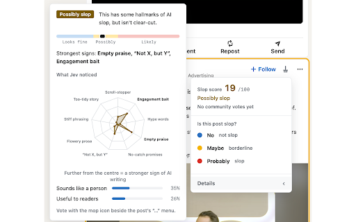 Slop Mop :: Mop the slop out of your LinkedIn feed. Folds or highlights low-value posts and shows why. Not an AI detector.