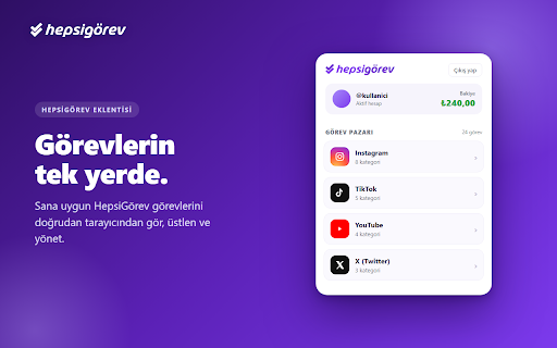 HepsiGörev :: Bağlı sosyal hesaplarına uygun HepsiGörev görevlerini tarayıcından bul, tek tıkla tamamla, kanıtını gönder ve bakiye kazan.