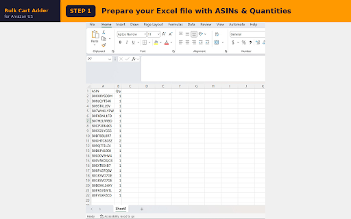 Bulk Cart Adder for Amazon US :: Bulk add products to Amazon US cart from Excel/CSV. Detects unavailable items. Exports cart report with prices & totals.