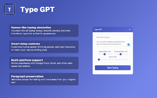 Type GPT: Auto-Typer for Google Docs and more. Type like a Human :: Let AI type for you: realistic typing simulation with typos and natural delays