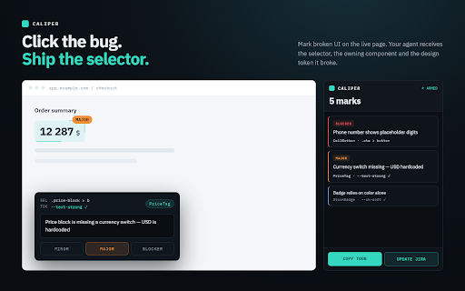 Caliper QA — UI Marks & Bug Traces for AI Coding Agents :: Mark up any web UI or record a bug trace — DOM, console, network and store — and hand it to Claude Code, Cursor or any AI agent.