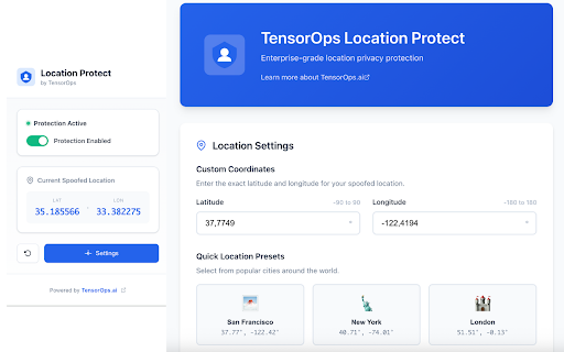 TensorOps Location Protect :: Protect your privacy by spoofing your geographic location. Enterprise-grade location privacy by TensorOps.ai