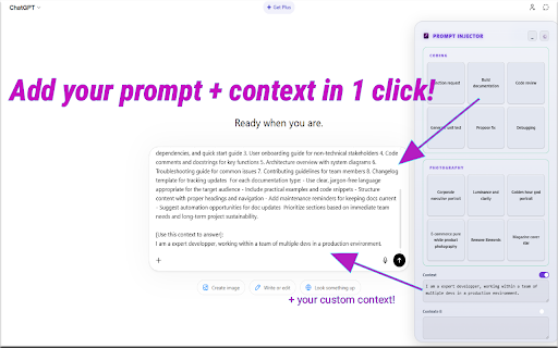 Prompt-Pad: LLM Prompt & Context Injector :: Inject modular prompts and persistent context directly into ChatGPT, Claude, and Gemini textareas via a floating UI.