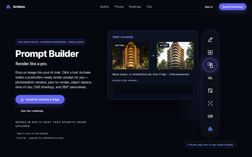 Archate — Architect Prompt Builder :: Architect-grade render prompts for any AI chat. Drop an image, click a tool, paste a render-ready prompt.