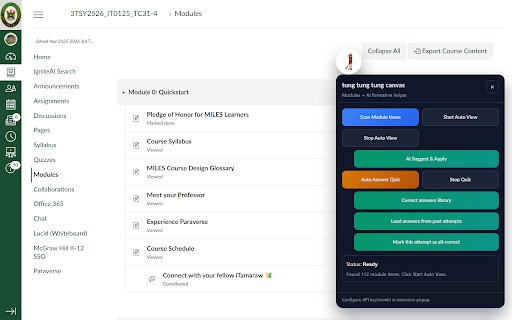 tung tung tung canvas :: Automates Canvas module viewing flow and provides AI-assisted formative question suggestions.