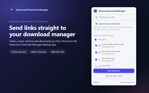 Advanced Download Manager :: Right-click a link, image or video and send it straight to your desktop download manager.