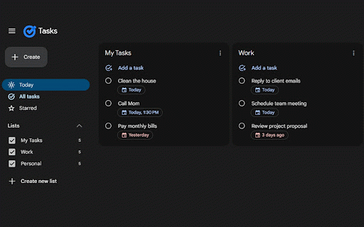 Today Filter for Google Tasks - Overdue & Today View :: Adds a Today tab to Google Tasks sidebar showing all overdue and today's tasks at a glance, grouped by list.