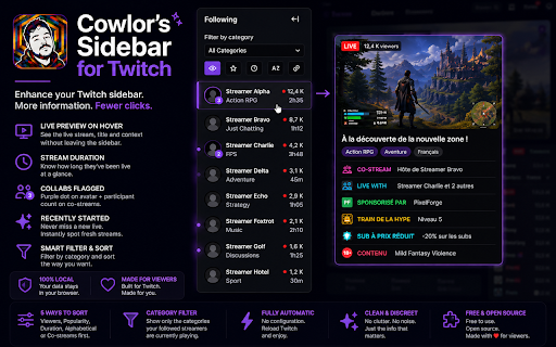 Cowlor's Sidebar for Twitch :: Live preview on hover, stream uptime, co-streams, sidebar cleaned up. Twitch, but better.