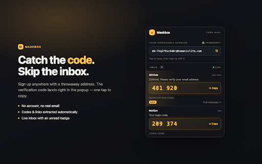 Maskbox — Temp Mail :: Disposable email for signups. Grab a throwaway address and catch the verification code in the popup — keep your real inbox private.