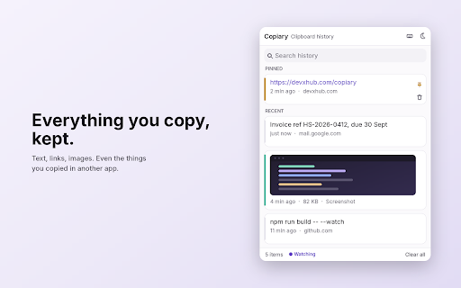 Copiary - Clipboard History :: Keeps everything you copy so you can find it again. Click an item to drop it into whatever box you're typing in.