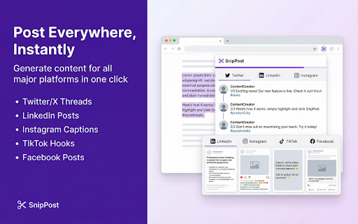 SnipPost: AI Writing Assistant for Social Media Posts :: Turn any selected text into AI-generated social media posts. One click. Zero effort. For Twitter, LinkedIn, Instagram & more.