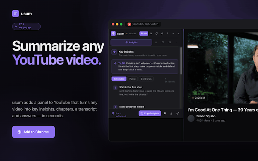 usum — AI YouTube Summary :: One-click AI summaries, timestamped chapters, comment digests and transcripts for any YouTube video.