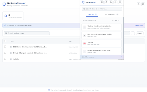Secret Guard — Private Bookmark Vault, Tab Recovery & History Cleanup :: PIN-locked private bookmark vault with incognito tab recovery and optional history cleanup. 100% local, no accounts.