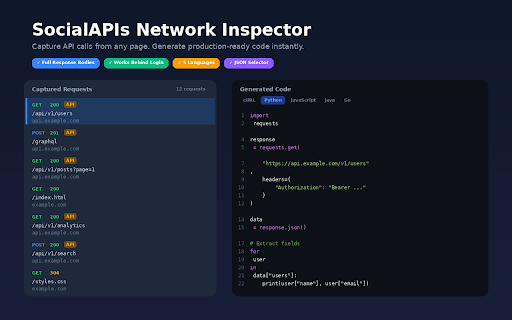 SocialAPIs Network Inspector :: Capture network requests from any page and generate API code.