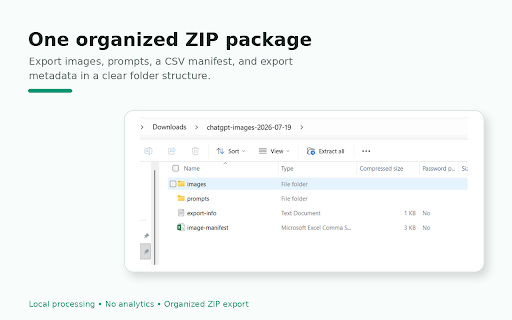 ChatGPT Image & Prompt Exporter :: Export ChatGPT images with prompts, clean filenames, CSV metadata, and local ZIP archives.