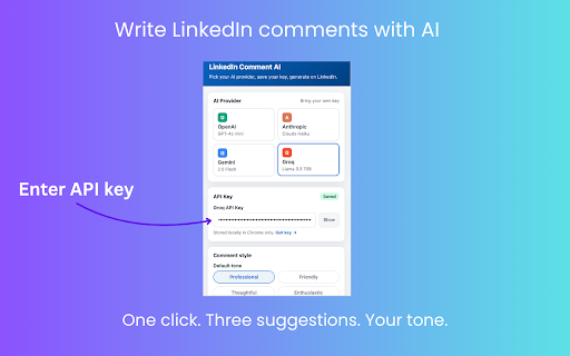 LinkedIn Comment AI :: Generate LinkedIn comment suggestions with your own AI API key (OpenAI, Anthropic, Gemini, Groq). Created by Hamza Uguz.