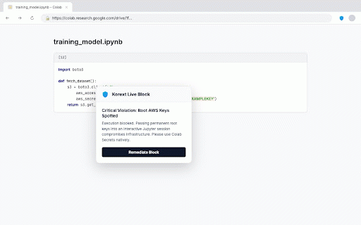 KOREXT - AI Code Governance :: Scan code on GitHub, Colab, Jupyter, Replit, and StackBlitz for security and compliance violations. 72 packs.