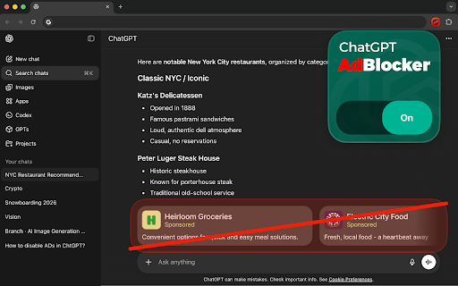 ChatGPT AdBlocker :: Ad blocker for ChatGPT web: blocks ads and promotional UI, hides clutter, and makes ChatGPT cleaner and easier to use in Chrome