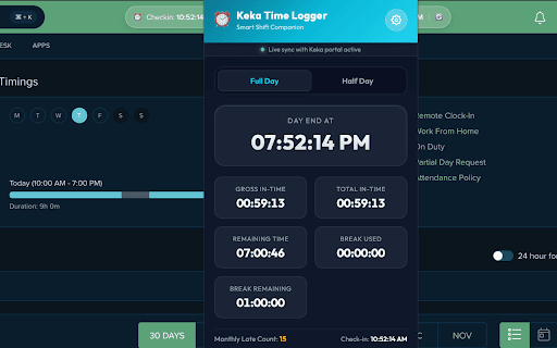 Keka Time Logger :: Smart Keka time tracking companion — live time logs, expected Day End calculations, break tracking, and monthly late arrival counts.