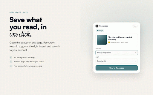 Resources · Save :: Save any page into a board on Resources. A shareable home for your links, and a fresh start after Pocket.