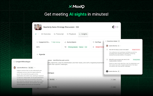 MaxIQ: AI-Powered Meeting Notes :: MaxIQ is your AI meeting notetaker for Google Meet. It records your calls, transcribes them in real time, and generates summaries,…
