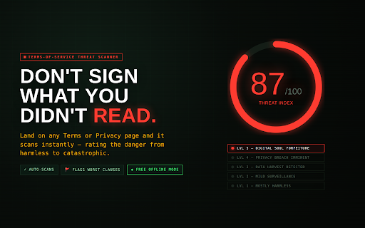FINEPRINT DEFCON — ToS Threat Scanner :: Locally scans policies, scores threats, locks source evidence, and creates share cards. No account or API key required.