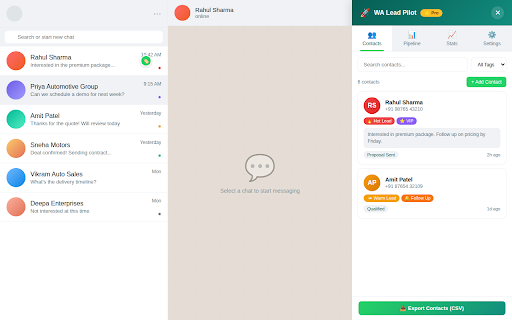 WA Lead Pilot — WhatsApp CRM & Contact Manager :: Tag, organize, and manage your WhatsApp Web contacts. Track leads, build pipelines, and export data. Free CRM overlay.