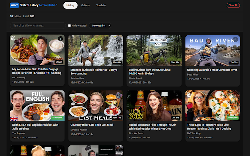 WatchHistory for YouTube™ :: Best for when YouTube watch history is off. Tracks up to 1000 videos locally and lets you resume where you left off.