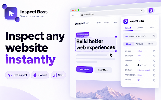 Inspect Boss - Website Inspector: CSS, Fonts, Colors, SEO & Selectors :: Inspect any live page in the Chrome side panel: CSS, colors, fonts, images, selectors, accessibility and SEO metadata.