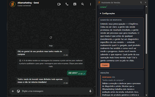 Assistente de Vendas :: Assistente de vendas ao vivo para Google Meet e WhatsApp Web (by Allumarketing).