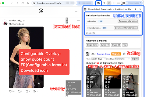 Threads Video Bulk Downloader - Sort Feed for Threads :: Sort Threads feeds/posts/search/communities, Export to excel, Bulk Download Threads videos and images.