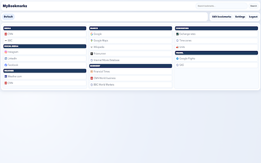 MyBookmarkz :: Your MyBookmarkz bookmarks as a new tab page, with quick-save and search.