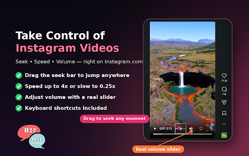 Instagram Video Seek Bar Speed & Controls :: Instagram video controls and add keyboard shortcuts for seekbar play/pause, speed, fullscreen, Picture in Picture and volume.