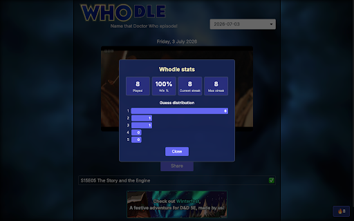Whodle Stats :: Daily win streak tracking and guess persistence for Whodle (whodle.dixonary.co.uk).