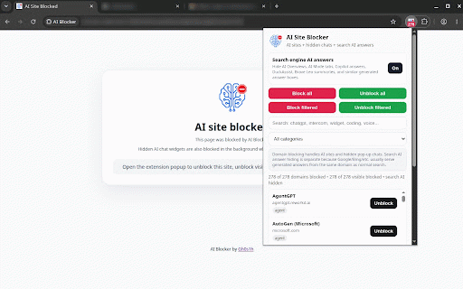AI Blocker :: Block AI sites, AI-generated search answers, chatbots, coding agents, AI APIs and website chat widgets.