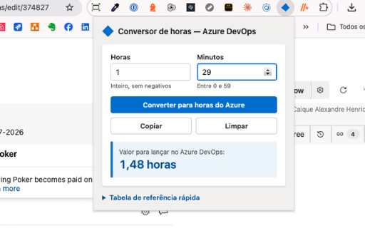 Conversor de Horas — Azure DevOps :: Converte horas e minutos para decimal e preenche o campo Realizado no Azure DevOps.