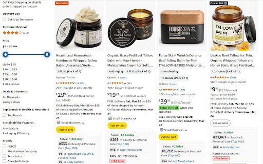 Amazon BSR Sales Estimator :: Predicts daily sales on Amazon search pages from BSR data. Includes a Summary panel with avg sales, price, ratings. Load more pages