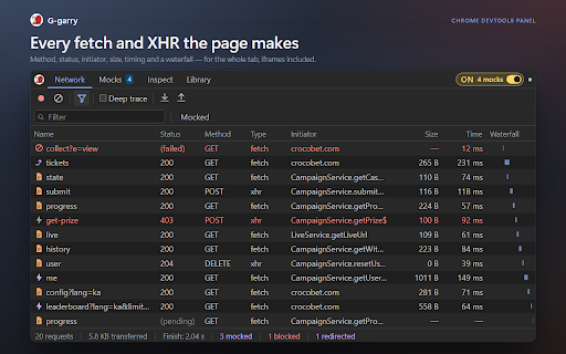 G-garry :: Intercept, inspect, mock and replay fetch/XHR traffic. Trace on-screen values back to the endpoint that produced them.