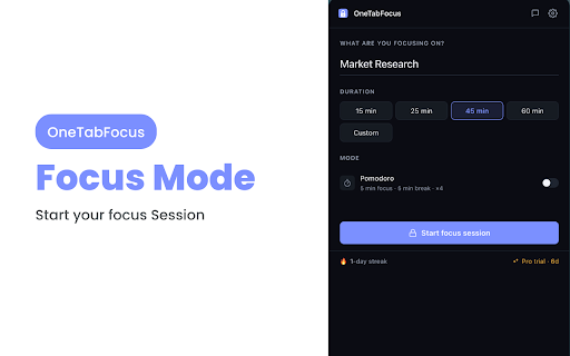 OneTabFocus — Focus Mode, Pomodoro Timer & Tab Manager for Deep Work :: Focus mode for Chrome that locks one tab and hides the rest. Real Pomodoro timer, tab manager & distraction blocker for deep work.