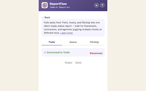 ReportFlow :: ReportFlow: tasks in, report out. Turn Trello, Asana, ClickUp & monday.com boards into client-ready status reports in one click.