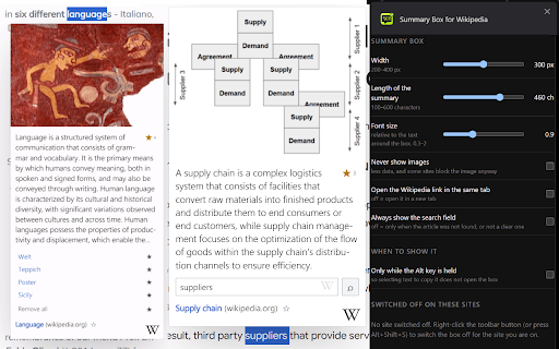 Summary Box for Wikipedia :: Select any word on any website and its Wikipedia summary appears next to it. Search Wikipedia in the box, star articles.