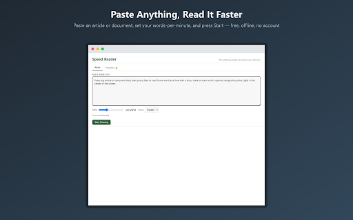 Speed Reader :: Speed-read with RSVP: words flash one at a time with ORP focus highlighting. The words you paste never leave your browser.